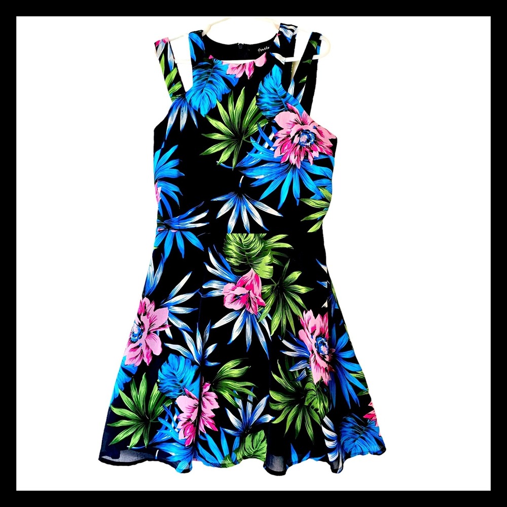 Penelope Tree‎ by Miss Behave Girls Tropical Floral Cutout Shoulder Dress Black